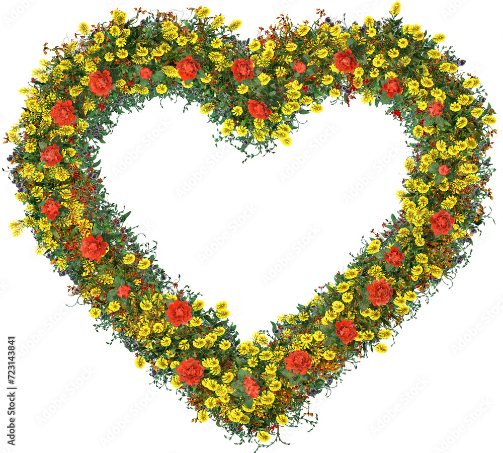 A heart-shaped spring wreath showcasing a mix of wildflowers and greenery, creating a vibrant and natural display. 3D illustration.