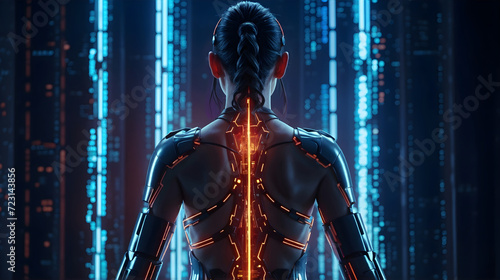 A cybernetic woman seen from the back with glowing orange lights on her back  standing in front of a wall of blue lights.