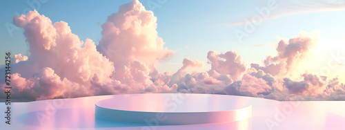 3d white plateau floats above a blue sky with clouds 