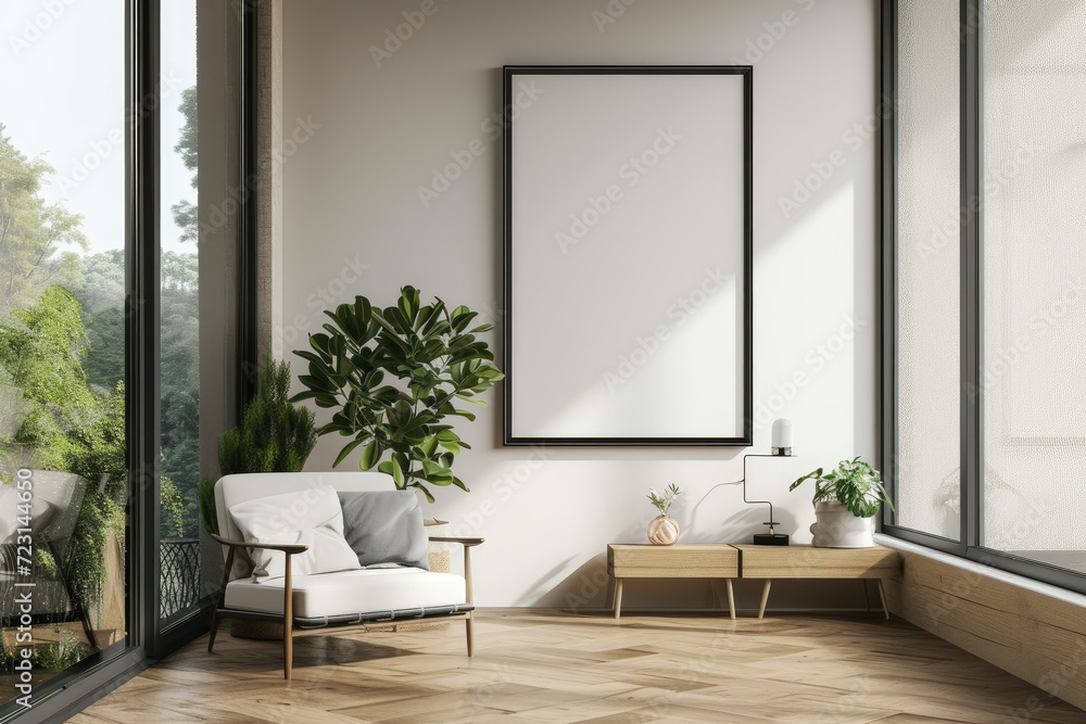 Frame mockup with ISO A paper size, showcasing a living room wall poster mockup against a modern interior design background, presented in a 3D render. Frame mockup with ISO A paper size, showcasing a living room wall poster mockup against a modern interior design background, presented in a 3D render.