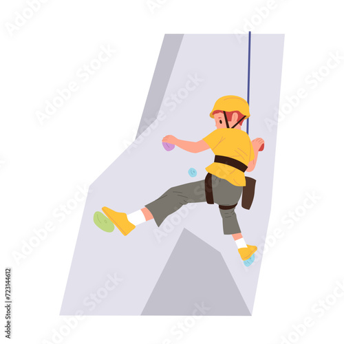 Isolated little child cartoon character wearing harness and safety helmet climbing artificial cliff