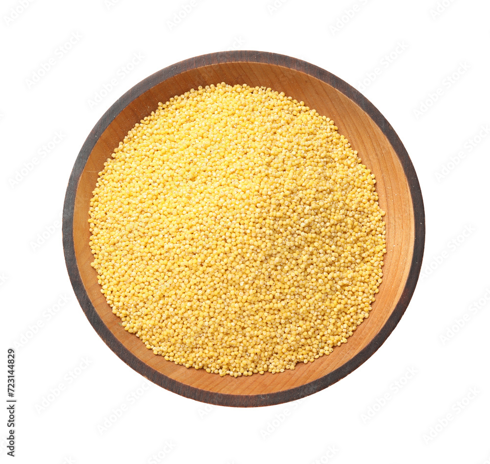 Dry millet seeds in bowl isolated on white, top view Dry millet seeds in bowl isolated on white, top view