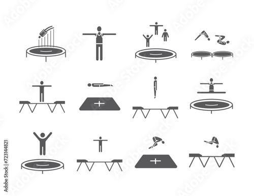 Trampoline jumping icons. Acrobatics signs. Sports jumping on a trampoline