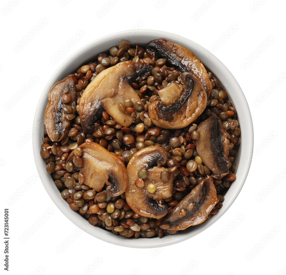 Obraz premium Delicious lentils with mushrooms in bowl isolated on white, top view