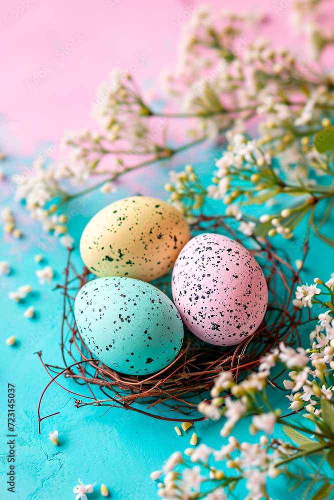 Three colored Easter eggs in a nest on a pink-blue background, flowering branches nearby Three colored Easter eggs in a nest on a pink-blue background, flowering branches nearby
