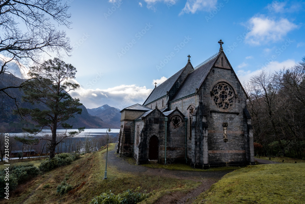 Fototapeta premium Saint Mary & Saint Finnan Church. Glenfinnan, Scotland. Januari 4 2024.