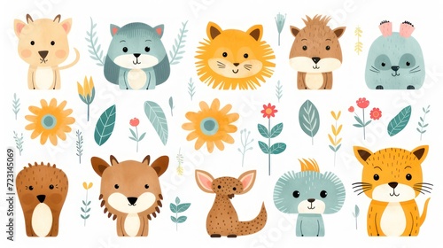 Cartoon style animal pattern illustration with a theme for kindergarten children, lions, cats, horses, foxes and botanical decorations on a white background. © Muamanah