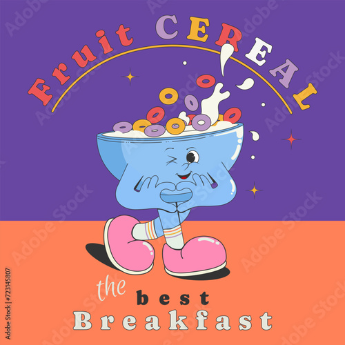 Round fruit flakes for breakfast. Cartoon cute character bowl with colorful rings with milk. Cover, sticker, advertising poster of a quick breakfast for children.Vector illustration.