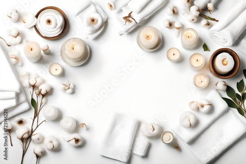 Flat lay composition with clean towels, burning candles and cotton flowers on white background
