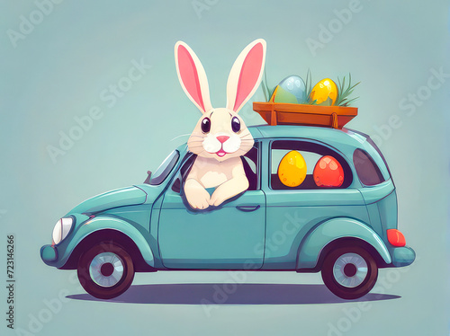 Cute painted rabbit in a truck car  with Easter eggs