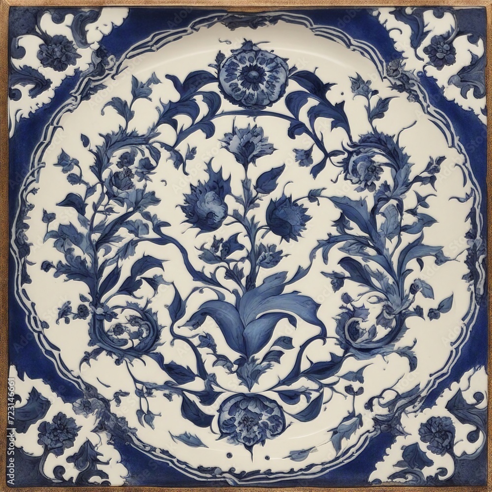 tiles  blue and white Turkish decorative tile plate with a floral pattern and a historical artwork  
