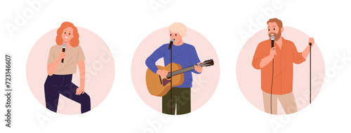 Isolated round icon composition with standup comedian cartoon characters telling jokes from stage