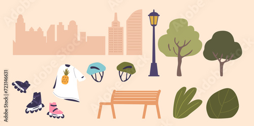 Roller Skating Equipment and City Icons Set. Helmet Protection, T-shier, Rollerblades, Cityscape Silhouette, Green Trees