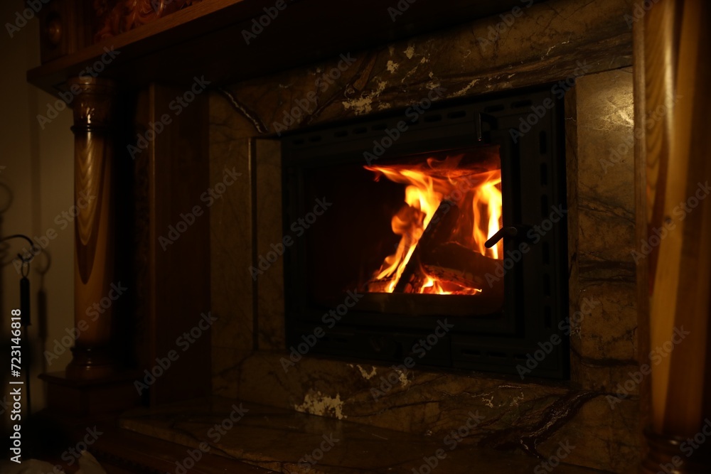 Fireplace with burning wood in darkness at home Fireplace with burning wood in darkness at home