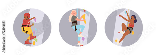 Round composition with happy active strong children cartoon characters enjoying time at climber club