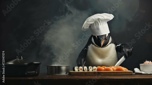 AI-generated illustration of a penguin wearing a chef's hat cutting sushi