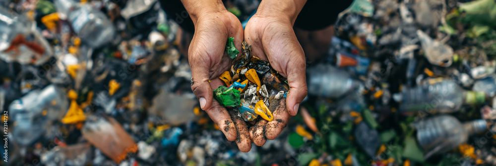 Earth Day banner. Hands holding plastic waste with a blurred pile of garbage in the background, environmental issue. - obrazy, fototapety, plakaty 