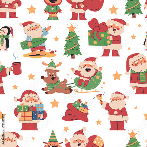 Santa Claus characters and Christmas elements vector cartoon seamless pattern background for wallpaper  wrapping  packing  and backdrop.