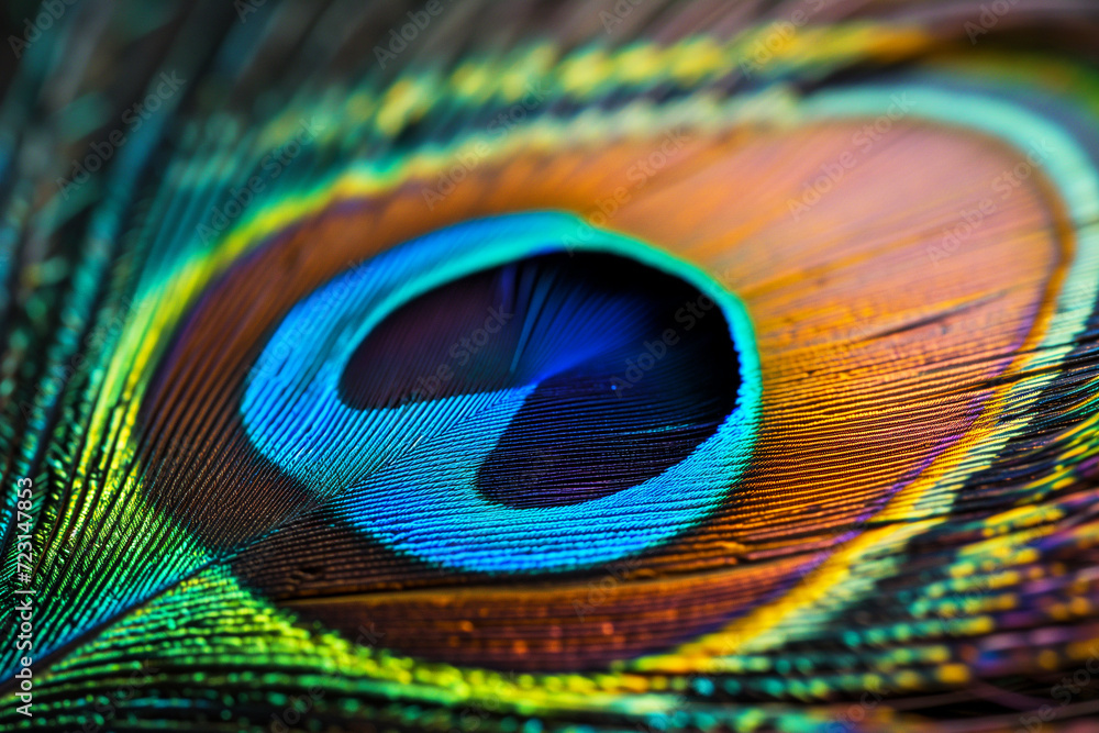Naklejka premium Blue peacock feathers in closeup. Peacock feather side view closeup, macro. Abstract background. Selective focus. Extreme close up of a peacock tail feather showing details and markings in vibrant col