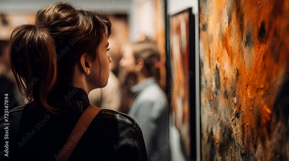 Obraz premium Artistic Encounter: Observer Engrossed in a Vibrant Portrait at Gallery