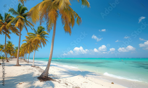 Beautiful tranquil empty bright white paradise sand beach,  palm trees, and  turquoise water in Zanzibar © STORYTELLER