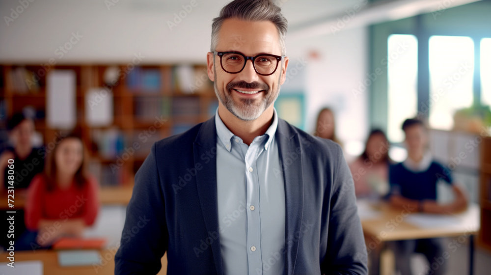 Fototapeta premium Happy male teacher standing in front of a group of students.