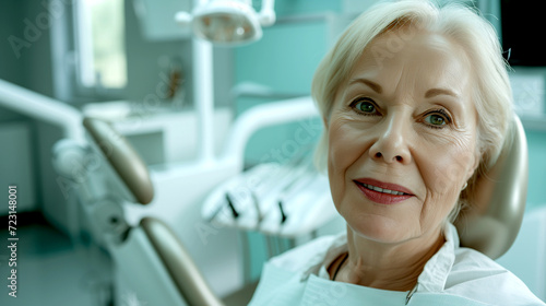 Smiling mature woman in dental chair at dentist appointment.