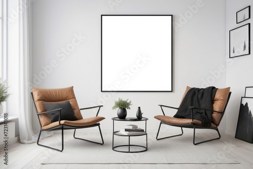 White living room design. View of modern scandinavian style interior with chair and black poster frame on white wall. Home staging and minimalism concept © Dhiandra