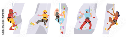 Preteen children cartoon climber characters enjoying healthy physical activity climbing rock wall