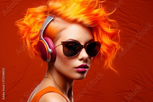 Stylish Young Woman in Hi-Tech Glasses with Headphones, Posing against a Vibrant Solid Background