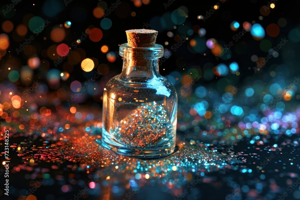 Magic potion in glass bottle on black background with glitter and bokeh Magic potion in glass bottle on black background with glitter and bokeh