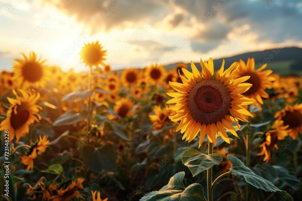 Fototapeta premium Sunflowers bloom brightly against a sunset backdrop