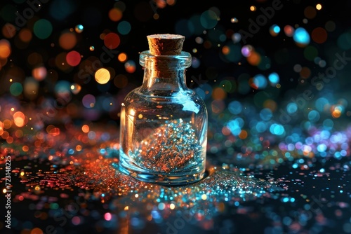 Magic potion in glass bottle on black background with glitter and bokeh