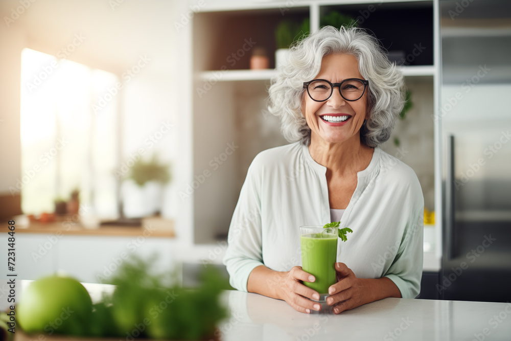 Healthy senior woman drinking a green juice at home Healthy senior woman drinking a green juice at home