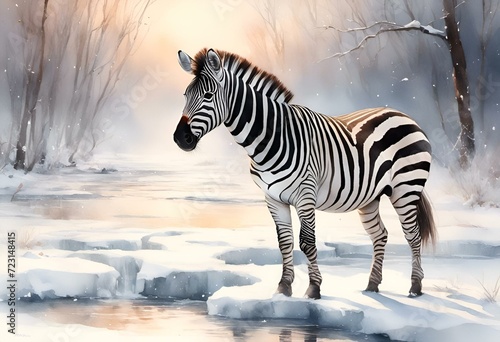 AI generated illustration of a solitary zebra gracefully standing in a wintry landscape