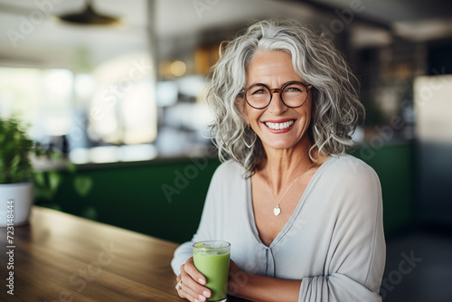 Healthy senior woman drinking a green juice at home