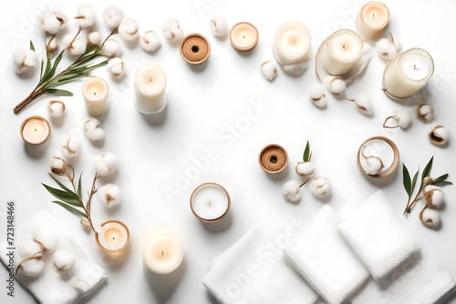 Flat lay composition with clean towels  burning candles and cotton flowers on white background