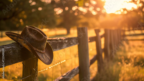 A cowboy hat hanging on an old wooden fence #723149050