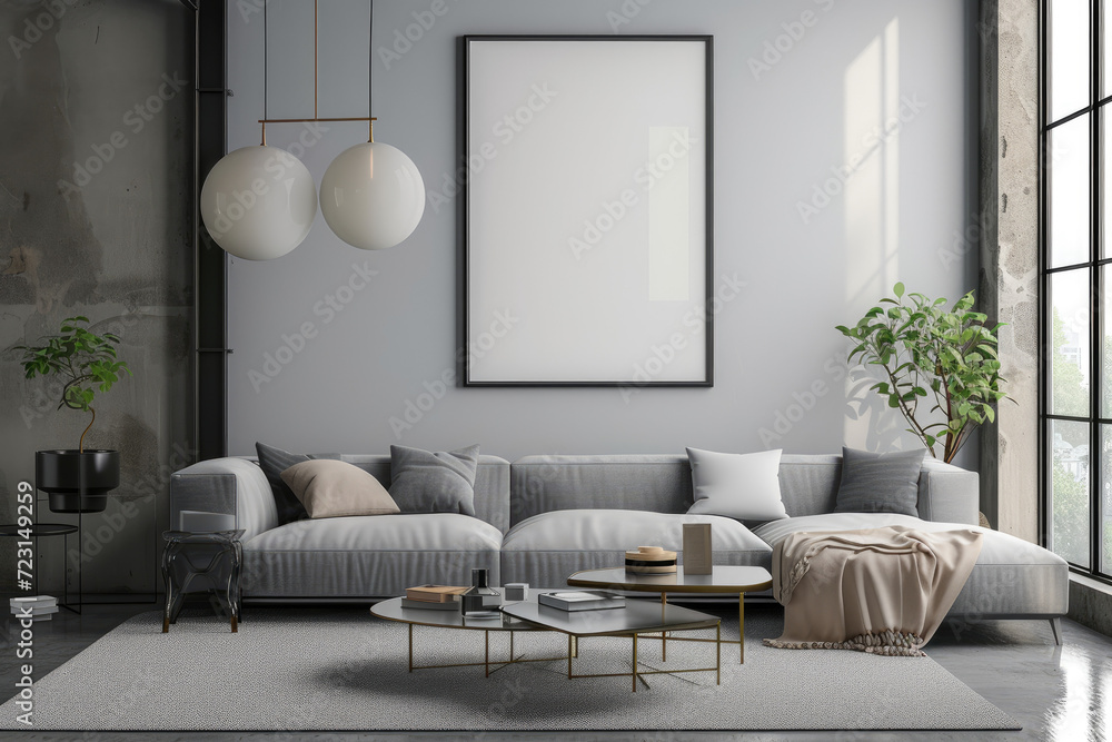Frame mockup with ISO A paper size, showcasing a living room wall poster mockup against a modern interior design background, presented in a 3D render. Frame mockup with ISO A paper size, showcasing a living room wall poster mockup against a modern interior design background, presented in a 3D render.