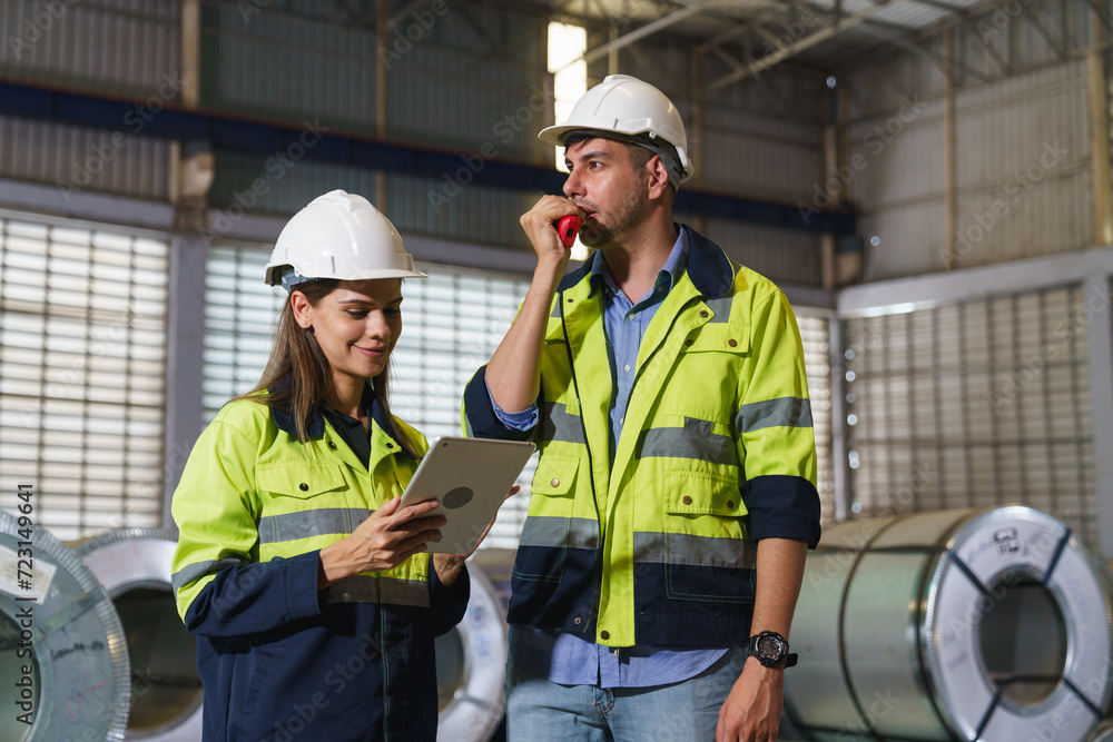 Workers in green uniforms and safety helmets perform quality checks inside a metal sheet factory. Workers in green uniforms and safety helmets perform quality checks inside a metal sheet factory.