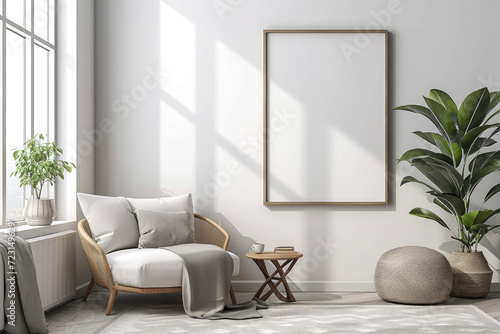 Frame mockup with ISO A paper size, showcasing a living room wall poster mockup against a modern interior design background, presented in a 3D render. photo