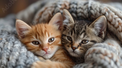 Playful Kittens, Adorable close-up of playful kittens engaged in cute interactions, conveying warmth and coziness © Nico