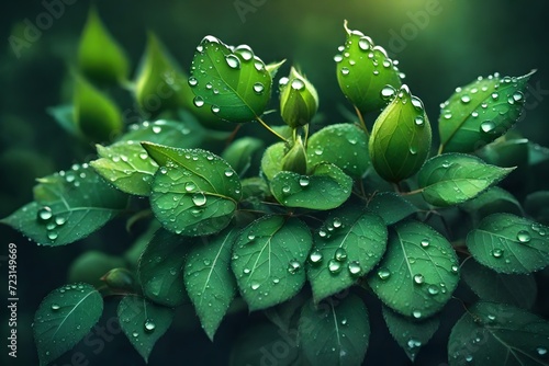 Dew drops appear overnight on leaf ground cover, Fresh green rose leaves in drops of morning dew. Colorful Flower Card photo