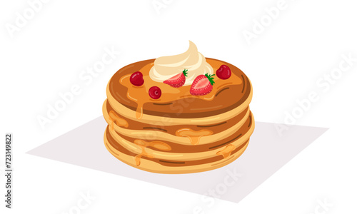 Vector illustration of a stack of pancakes with maple syrup, strawberries, cherries and whipped cream. Concept for breakfast, food, dessert, baking.