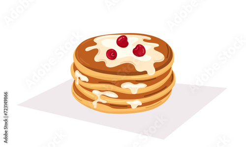 Vector illustration of a stack of custard pancakes and cherries. Concept for breakfast, food, dessert, baking.