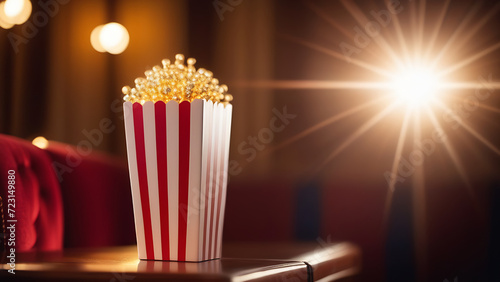 Popcorn in a pack on the table, cinema, relaxation, delicious food for watching movies. Going to the cinema, entertainment, weekends with the family