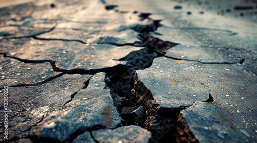 Cracked ground, broken road with a large crack.