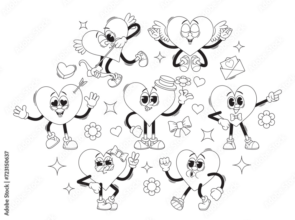 Outline Monochrome Vector Icons Retro Cartoon Groovy Hearts Valentine Day Characters Exude Love And Positivity