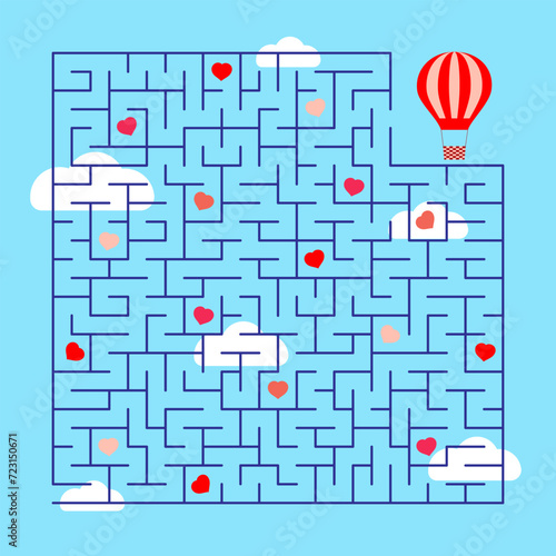 Vector illustration. Puzzle game for Valentine's Day. Labyrinth search for hearts. Fly in a hot air balloon, collect all the hearts and find a way out of the maze.