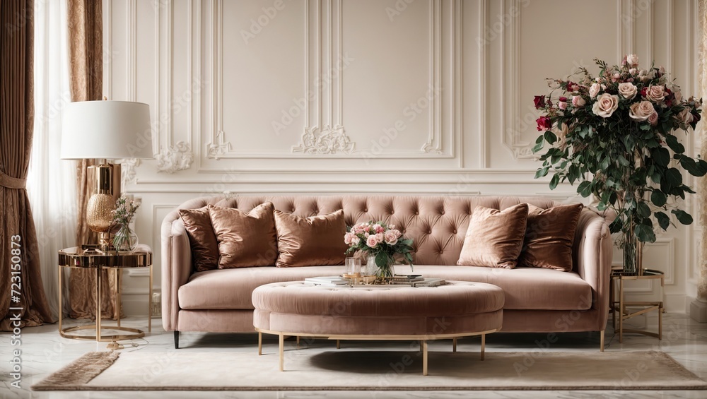 Obraz premium Elegant, traditional, and luxurious living room with a brown and white velvet sofa, armchair, marble coffee table, gold-toned rose in a vase, wood cabinet, floor lamp, and plants